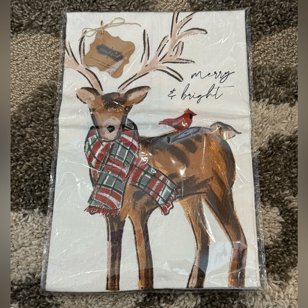NWT Mud Pie Reindeer Plaid Scarf Cardinal Christmas Towel NewDescription